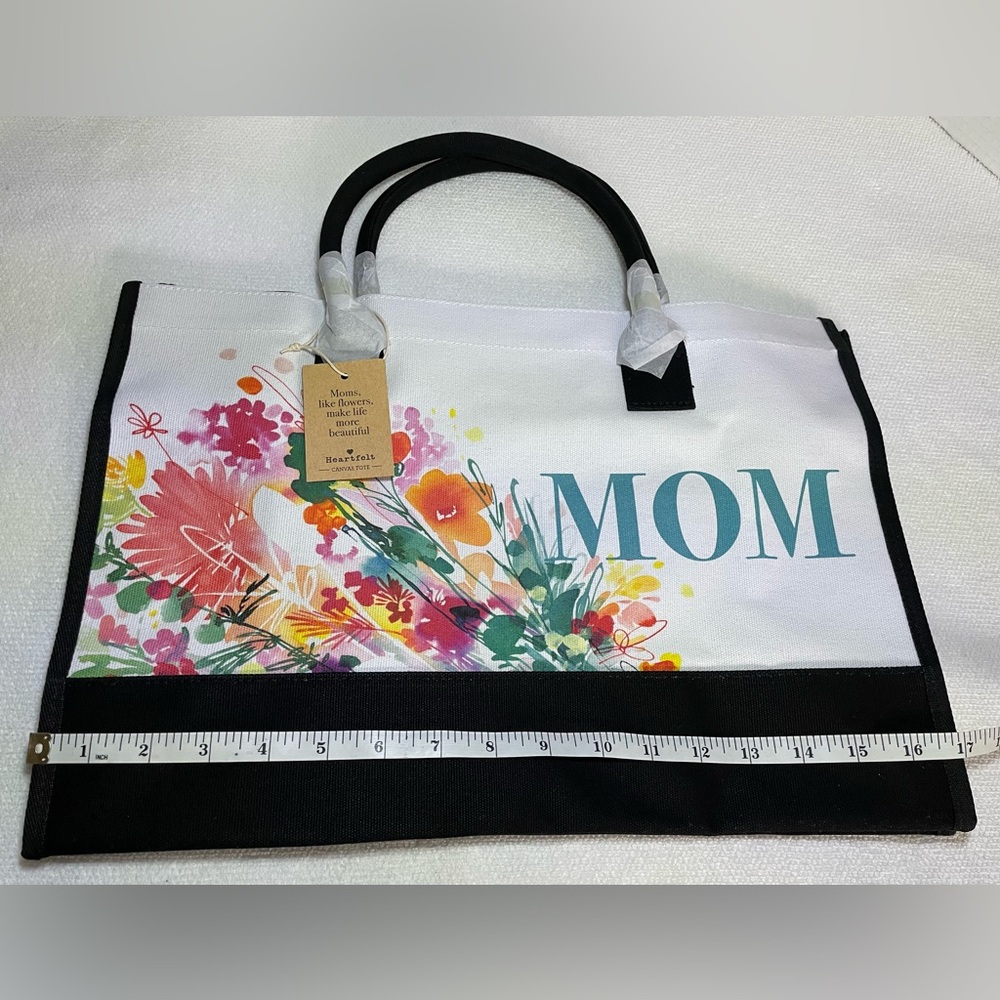 Canvas Tote By Heartfelt. Colorful Flower Print With Bold Print “ MOM “  NWT - Picture 4 of 11